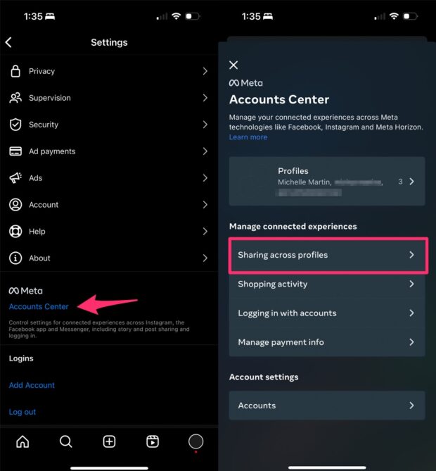 Meta Accounts Center sharing across profiles