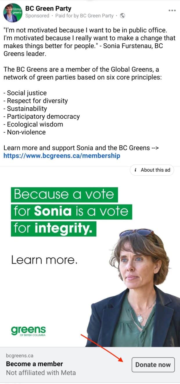 BC Green Party ad Donate Now button