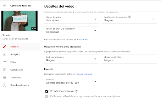 Casilla Permitir incorporación en YouTube Studio