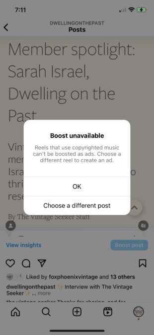 boost unavailable reels that use copyrighted music can't be boosted as ads