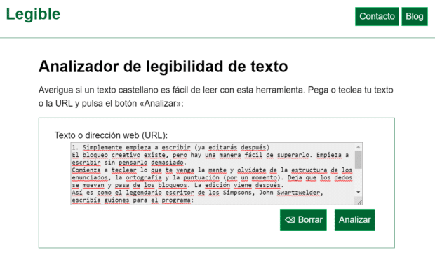 herramienta de análisis de legibilidad en castellano Legible.es