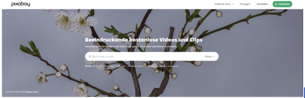 Die Homepage von Pixabay – einer Website, auf der fantastisches kostenloses Stock-Video-Material und lizenzfreie Videoclips angeboten werden