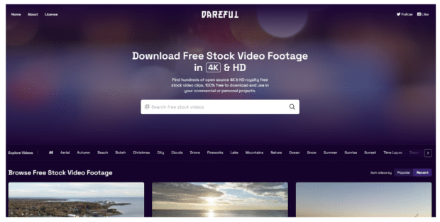 die Homepage von Dareful, wo Nutzer kostenlose Stock-Videos in 4K und HD herunterladen können