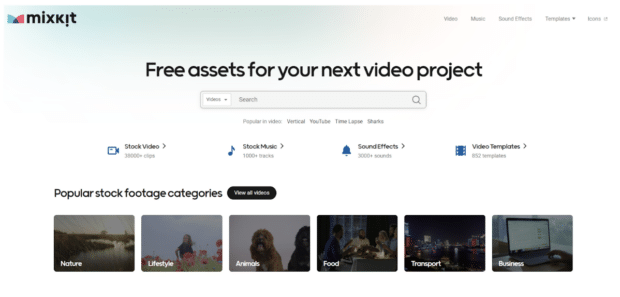 Auf der Mixkit-Homepage heißt es: kostenlose Inhalte für Euer nächstes Videoprojekt