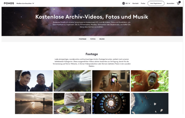 Die Gratis-Sammlung der Website Pond5, auf der sich zahlreiche kostenlose Stock-Videos finden