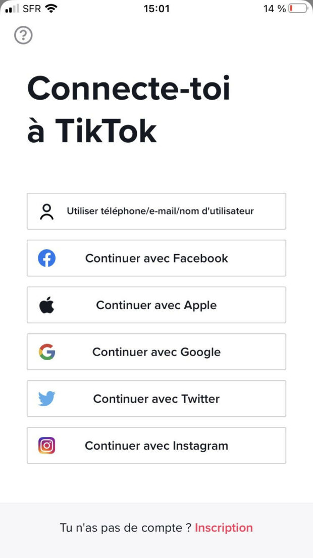 page de connexion sur l’application mobile TikTok
