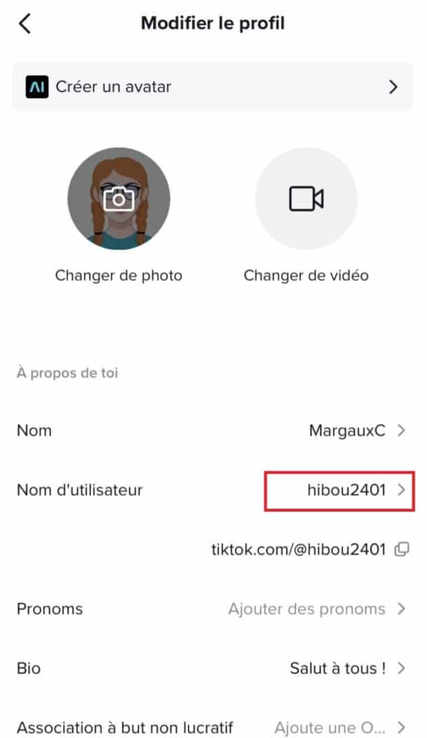 section pour modifier le nom d’utilisateur sur TikTok