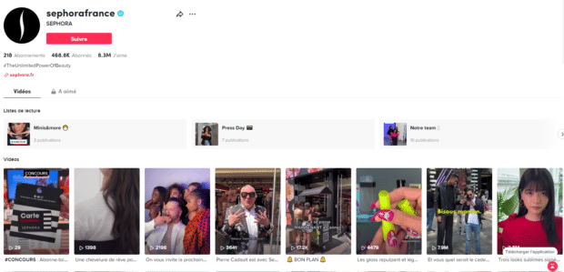 profil TikTok de Sephora France qui utilise le nom de sa marque comme nom d’utilisateur