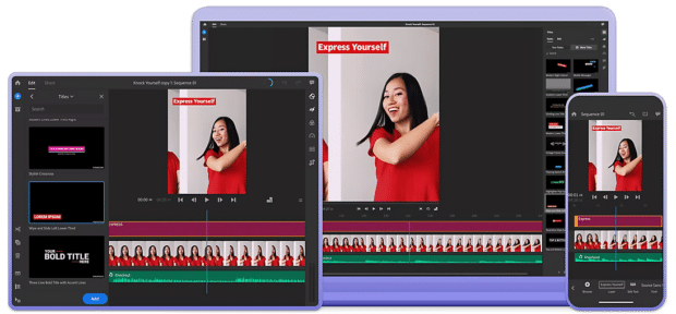 three screens showing adobe rush video editing capabilities