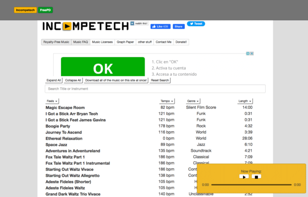 búsqueda por título o género en Incompetech