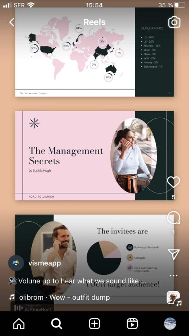 capture d’un reel Instagram avec l’icône partager en forme d’avion en papier en bas à droite de l’écran