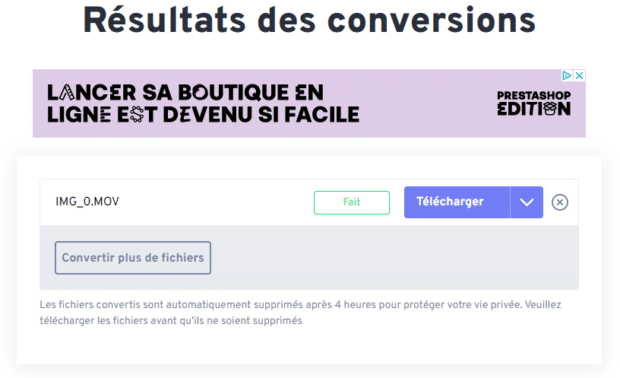 bouton télécharger sur l’écran des résultats de la conversion 