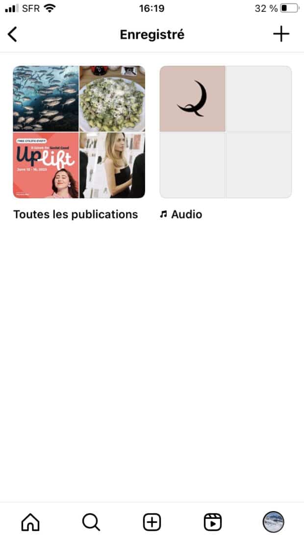 dossier toutes les publications et dossier audio dans la section enregistré sur Instagram 