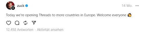 Zuckerberg heißt die europäischen Nutzer auf Threads willkommen
