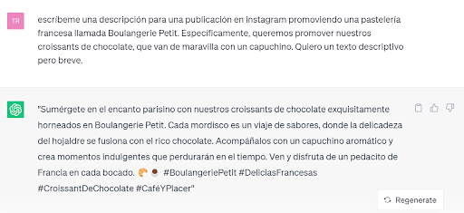  publicación de instagram generado por chatpgt para una panadería francesa