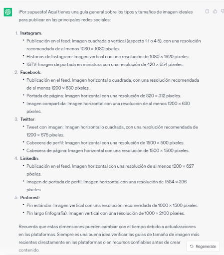  respuesta de Chatgpt que describe los mejores tipos de imágenes para publicar en diferentes redes sociales