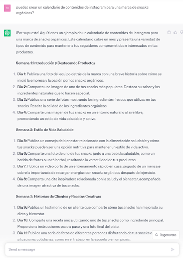 calendario de contenidos de tres semanas para una marca de snacks orgánicos, generado por ChatGPT