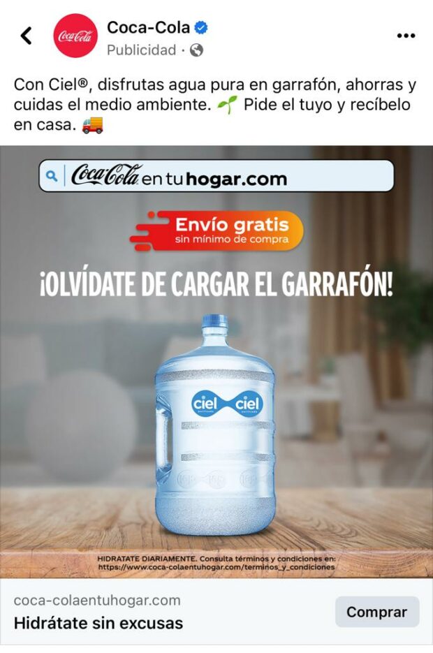 Anuncio de garrafón de agua Ciel de Coca-Cola