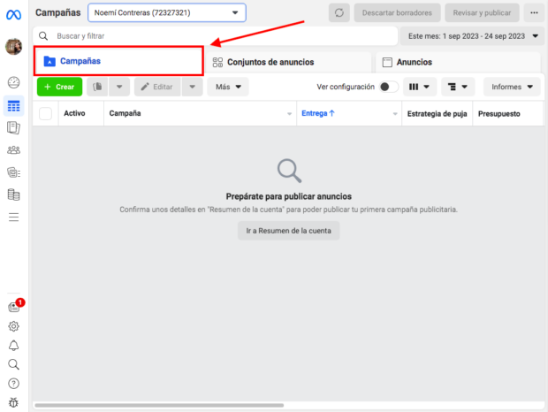 Pestaña Campañas del Administrador de anuncios de Facebook