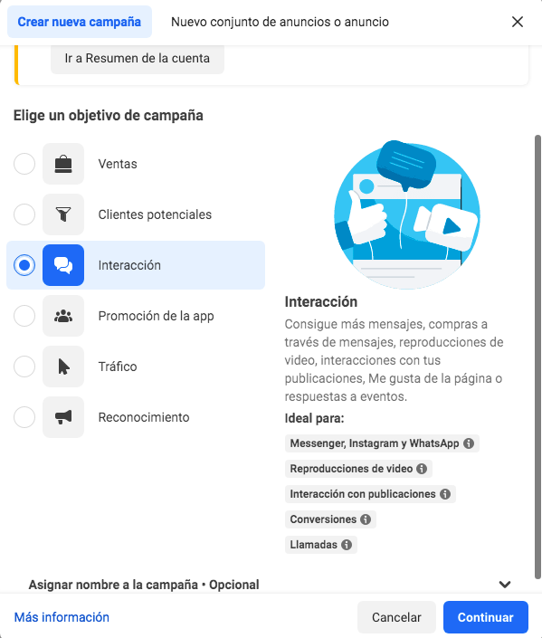 Elige el objetivo de la campaña de interacción en Facebook