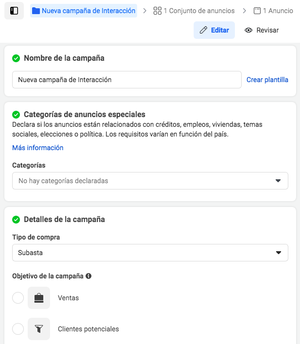 asigna un nombre a tu campaña de anuncios de Facebook