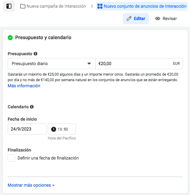 establece tu presupuesto y calendario de anuncios de Facebook