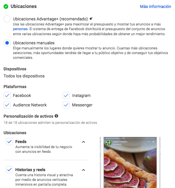 Elige Ubicaciones Advantage+ o Ubicaciones manuales de anuncios de Facebook