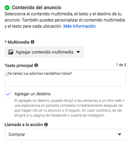 contenido del anuncio de Facebook