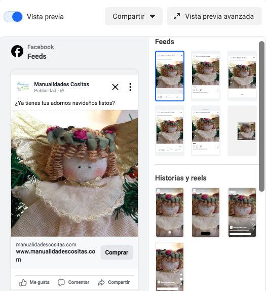 Vista previa de anuncios de Facebook