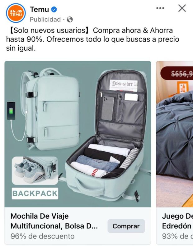 Anuncio de carrusel de productos de la plataforma Temu 