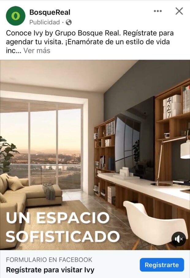Anuncio para clientes potenciales de Facebook del desarrollo residencial BosqueReal 