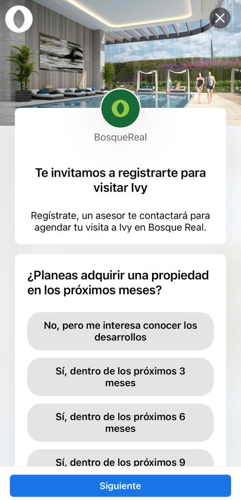 Anuncio para clientes potenciales con registro para visitar una propiedad