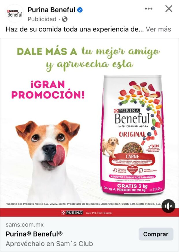 Anuncio con presentación de Facebook de la comida para perros Purina Beneful