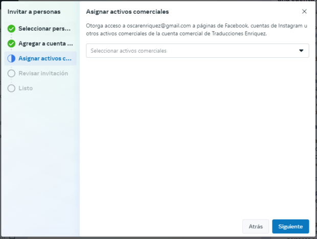 Este menú del Administrador de empresas de Facebook te permite seleccionar los activos empresariales a los que quieres permitir el acceso.