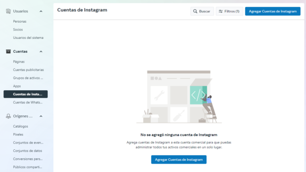 Vista del tablero de Meta Business Suite, con la opción "Cuentas de Instagram" seleccionada en el menú de la izquierda. La ventana principal muestra que esta cuenta aún no tiene ninguna cuenta de Instagram añadida.
