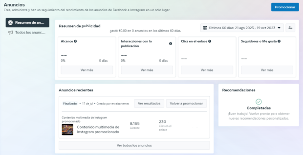 El resumen de publicidad en Meta Business Suite. El resumen mostrado en esta pantalla incluye gasto, alcance, interacción de la publicación, clics en enlaces y me gusta que recibió la página en campañas de pago realizadas en los últimos 60 días.