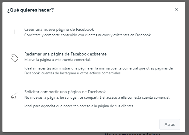 En esta pantalla del administrador comercial de Facebook, puedes elegir entre 3 opciones: crear una nueva página de Facebook, reclamar una existente o solicitar acceso a una página
