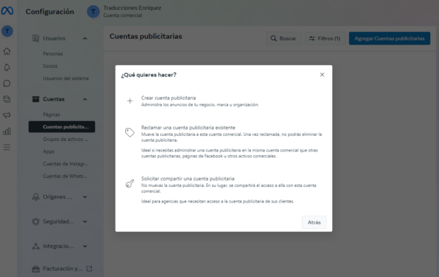 Para agregar una cuenta publicitaria a tu perfil de Meta Business Suite tienes tres opciones diferentes: crear una cuenta publicitaria, reclamar una existente o solicitar compartir una cuenta publicitaria.