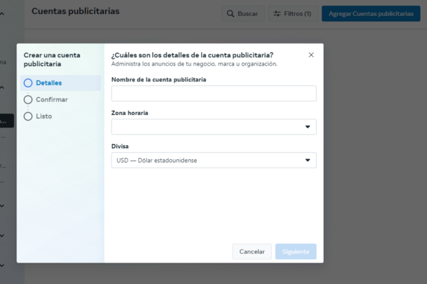 Cuando crees una nueva cuenta publicitaria, Facebook/Meta te pedirá que le pongas un nombre, que selecciones la zona horaria y la moneda que vas a utilizar.