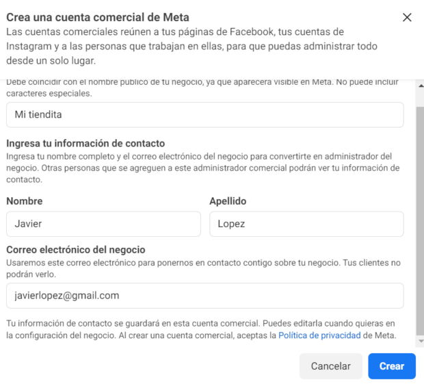 Cuando crees tu cuenta comercial en Business Suite, debes introducir el nombre de tu empresa y de tu cuenta, tu nombre y el correo electrónico de tu empresa.
