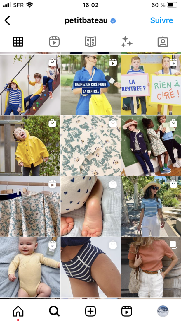 icône de sac sur des publications Instagram de la marque Petit Bateau