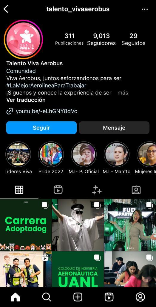 Talento Viva Aerobús página de Instagram con historias