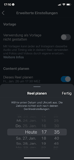 Planung eines Instagram-Reels für Donnerstag, 25. Januar um 17:35 Uhr