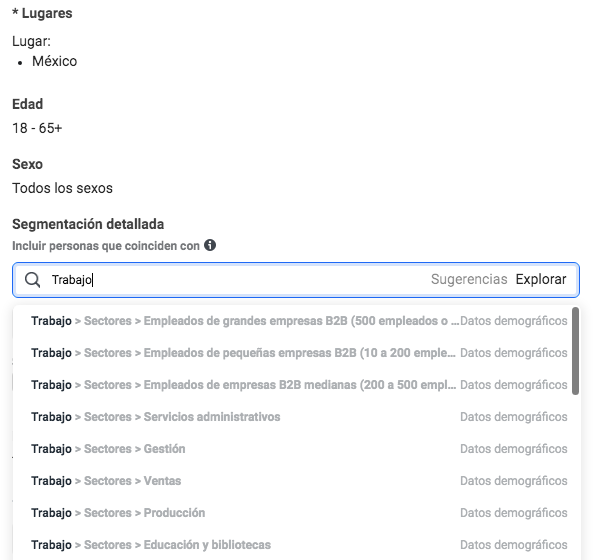 Los anuncios de Facebook detallan las opciones de objetivos para reclutamiento