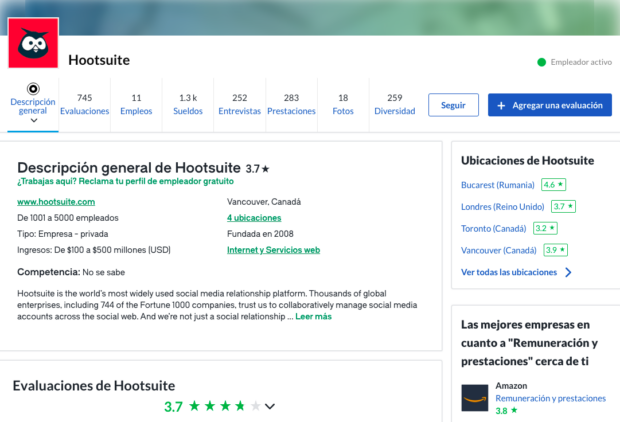 Beneficios de Hootsuite a través de Glassdoor