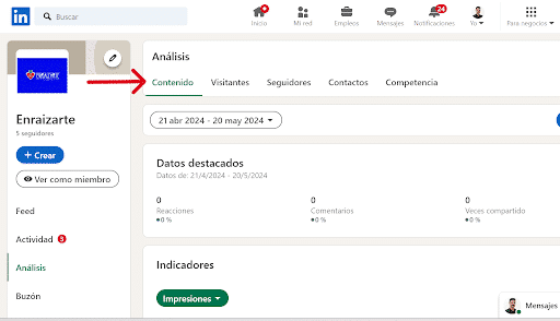 página de estadísticas de LinkedIn que muestra las pestañas de contenido, visitantes, seguidores, contactos y competencia