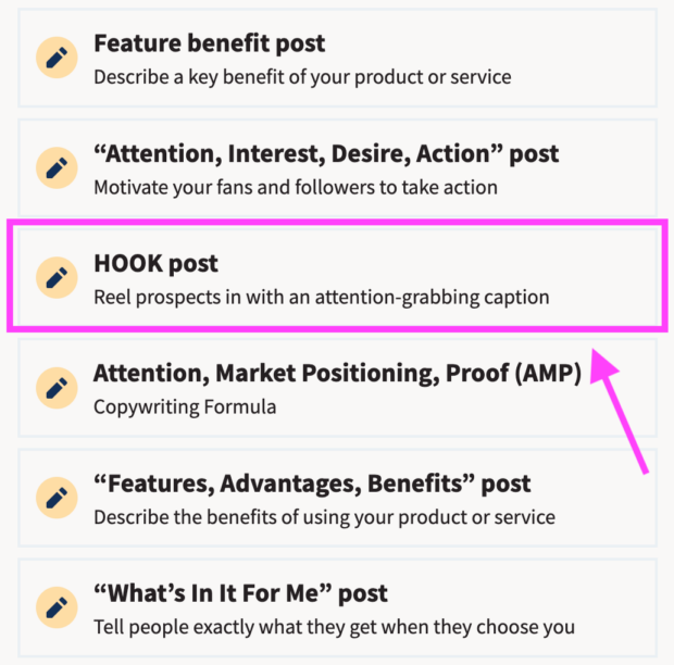 Select HOOK post on list of options to reel prospects in with attention-grabbing caption