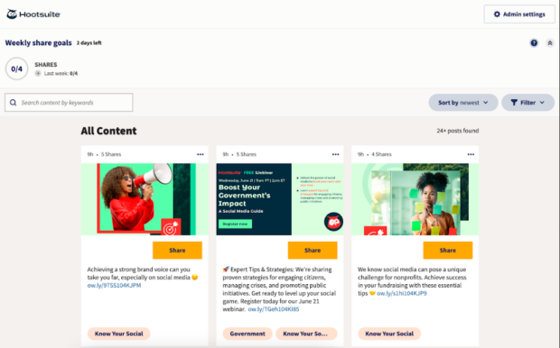 Hootsuite Amplify weekly share goals