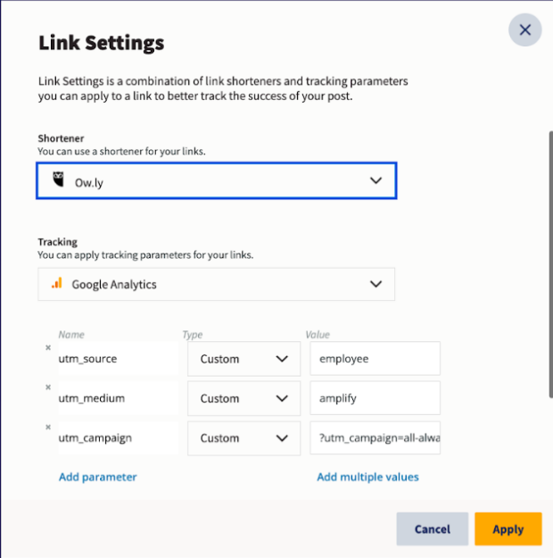 Link Settings Owl.y shortener and Google Analytics tracking