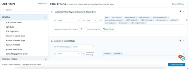 6sense add filters with criteria